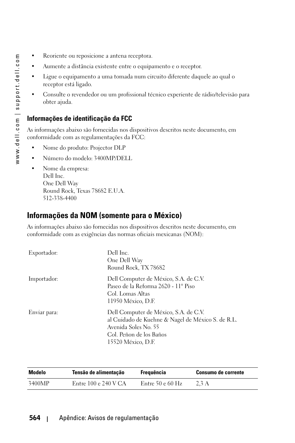 Informações da nom (somente para o méxico) | Dell 3400MP Projector User Manual | Page 564 / 570