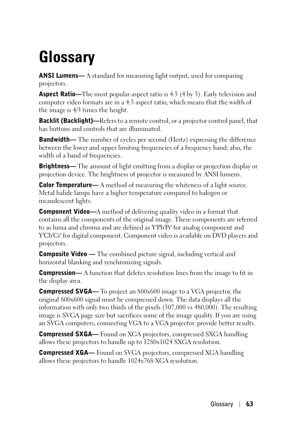 Glossary, Glossar, Glossaire | Glossario | Dell 3400MP Projector User Manual | Page 63 / 570