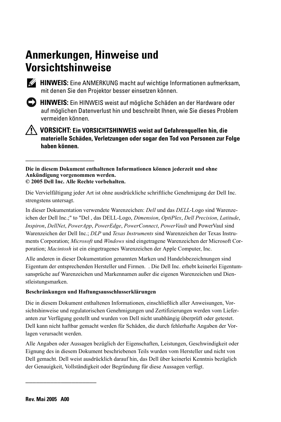 Anmerkungen, hinweise und vorsichtshinweise | Dell 3400MP Projector User Manual | Page 70 / 570
