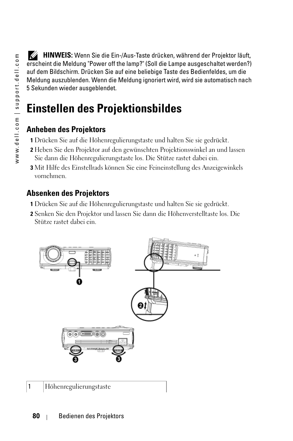 Einstellen des projektionsbildes, Anheben des projektors, Absenken des projektors | Dell 3400MP Projector User Manual | Page 80 / 570