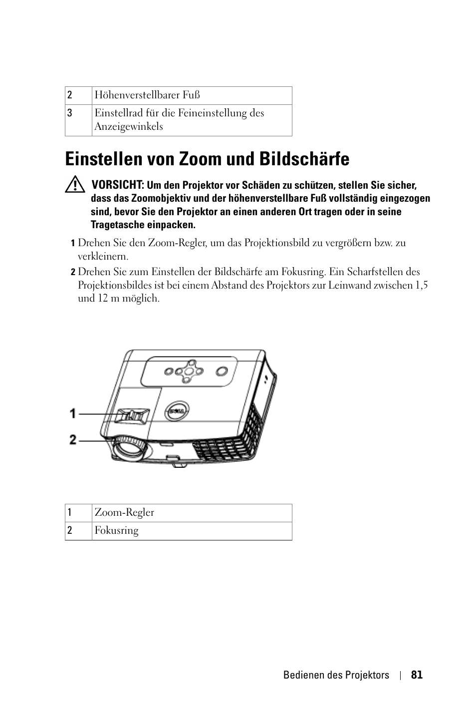 Einstellen von zoom und bildschärfe | Dell 3400MP Projector User Manual | Page 81 / 570