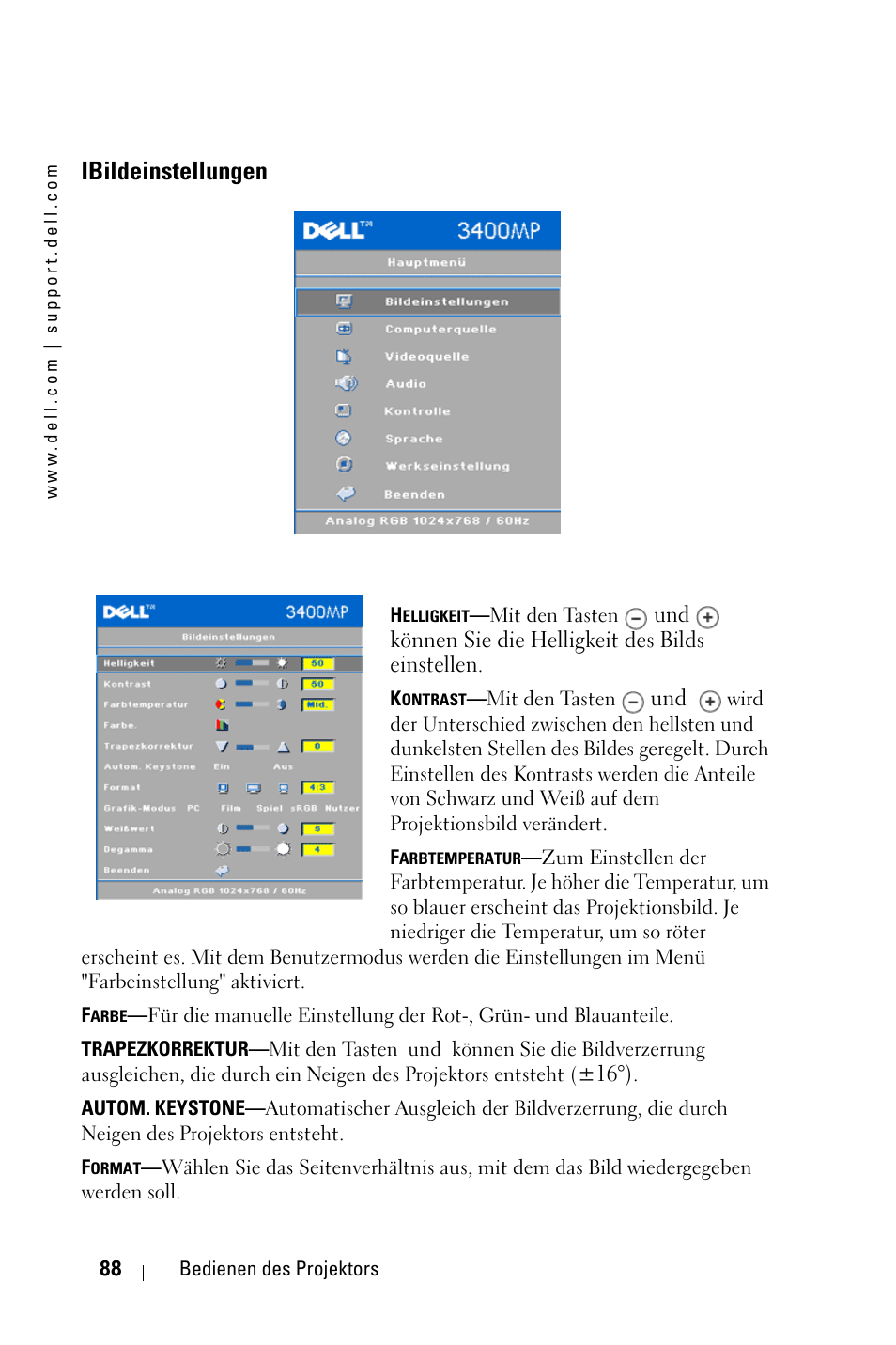 Ibildeinstellungen | Dell 3400MP Projector User Manual | Page 88 / 570