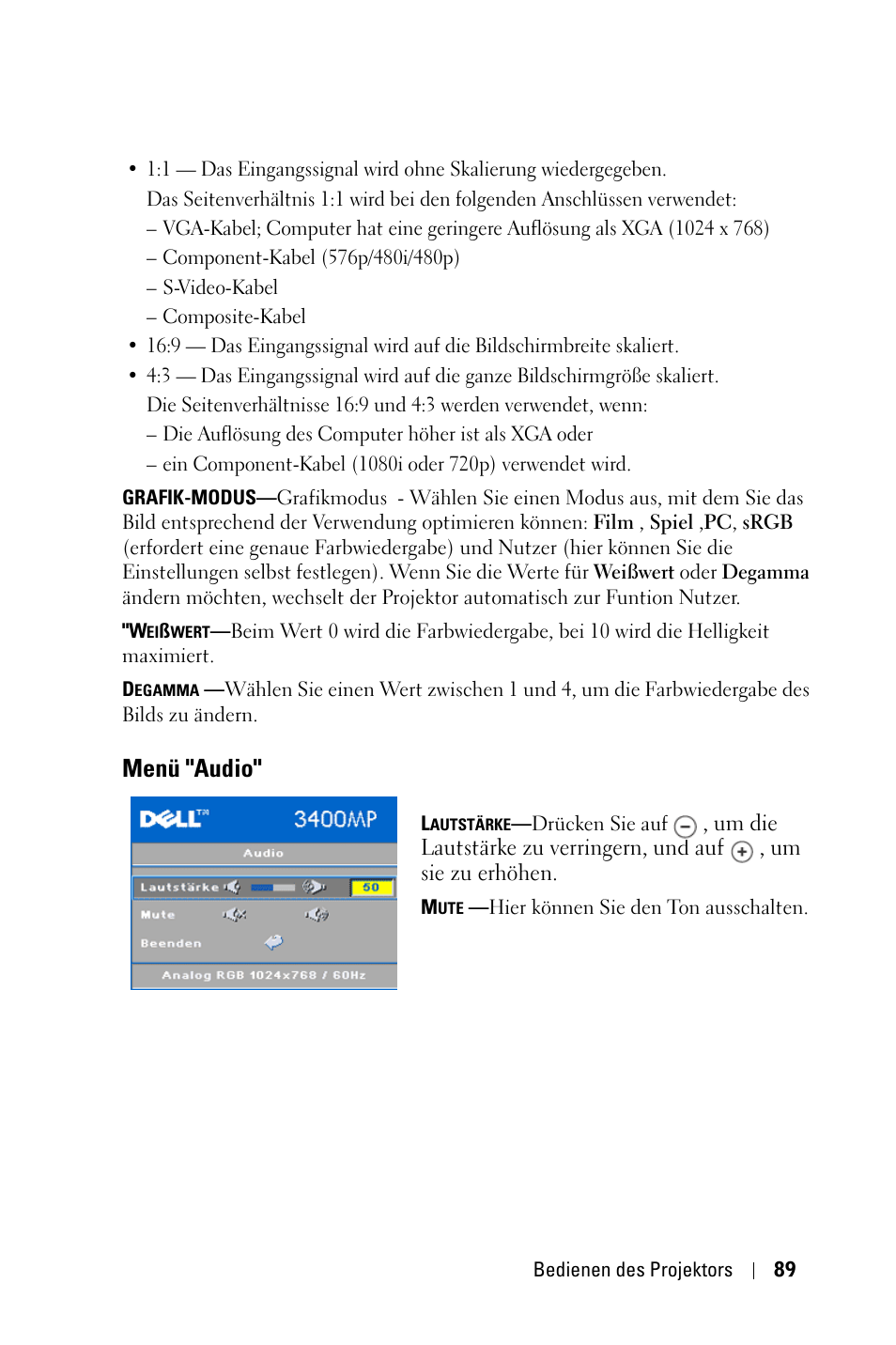 Menü "audio | Dell 3400MP Projector User Manual | Page 89 / 570