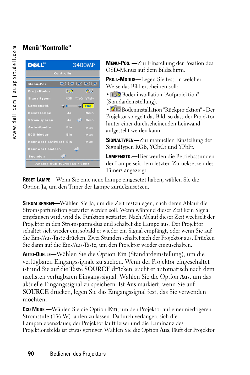 Menü "kontrolle, Menu gestion, Menu gestione | Dell 3400MP Projector User Manual | Page 90 / 570