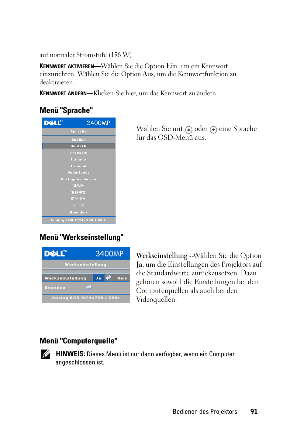Menü "sprache, Menü "werkseinstellung, Menü "computerquelle | Dell 3400MP Projector User Manual | Page 91 / 570