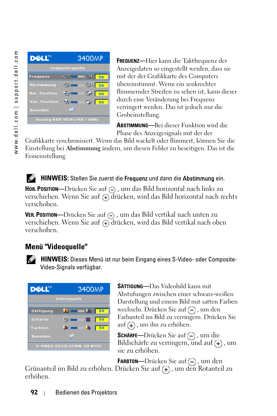 Menü "videoquelle | Dell 3400MP Projector User Manual | Page 92 / 570
