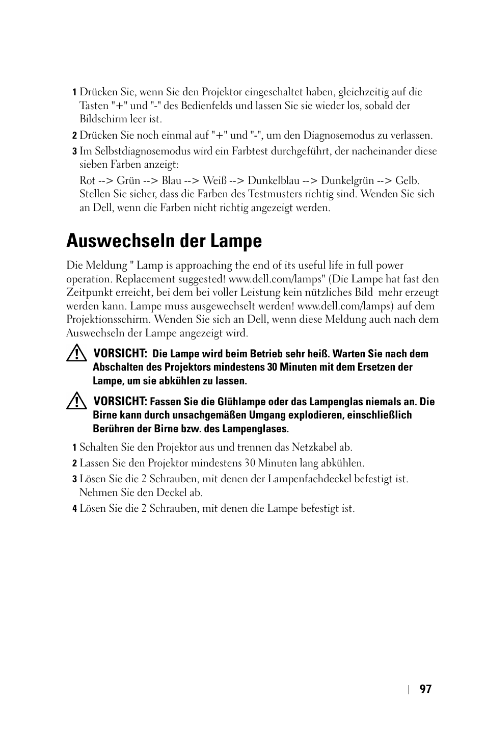 Auswechseln der lampe | Dell 3400MP Projector User Manual | Page 97 / 570