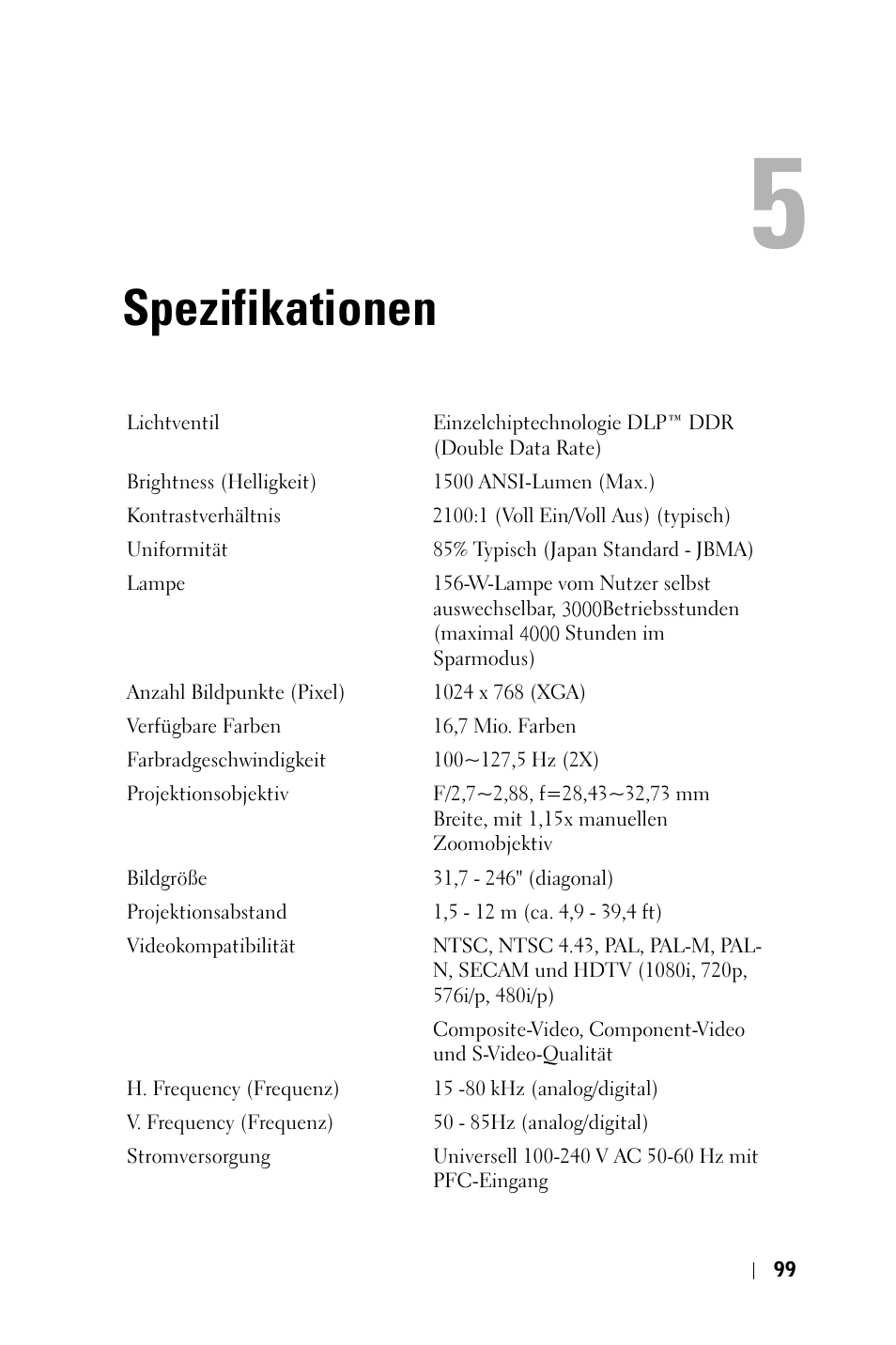 Spezifikationen | Dell 3400MP Projector User Manual | Page 99 / 570