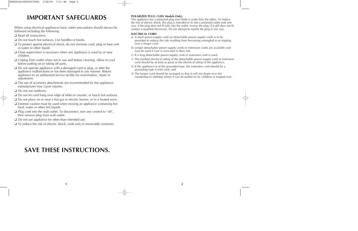 Important safeguards save these instructions | Black & Decker RC866 User Manual | Page 2 / 15