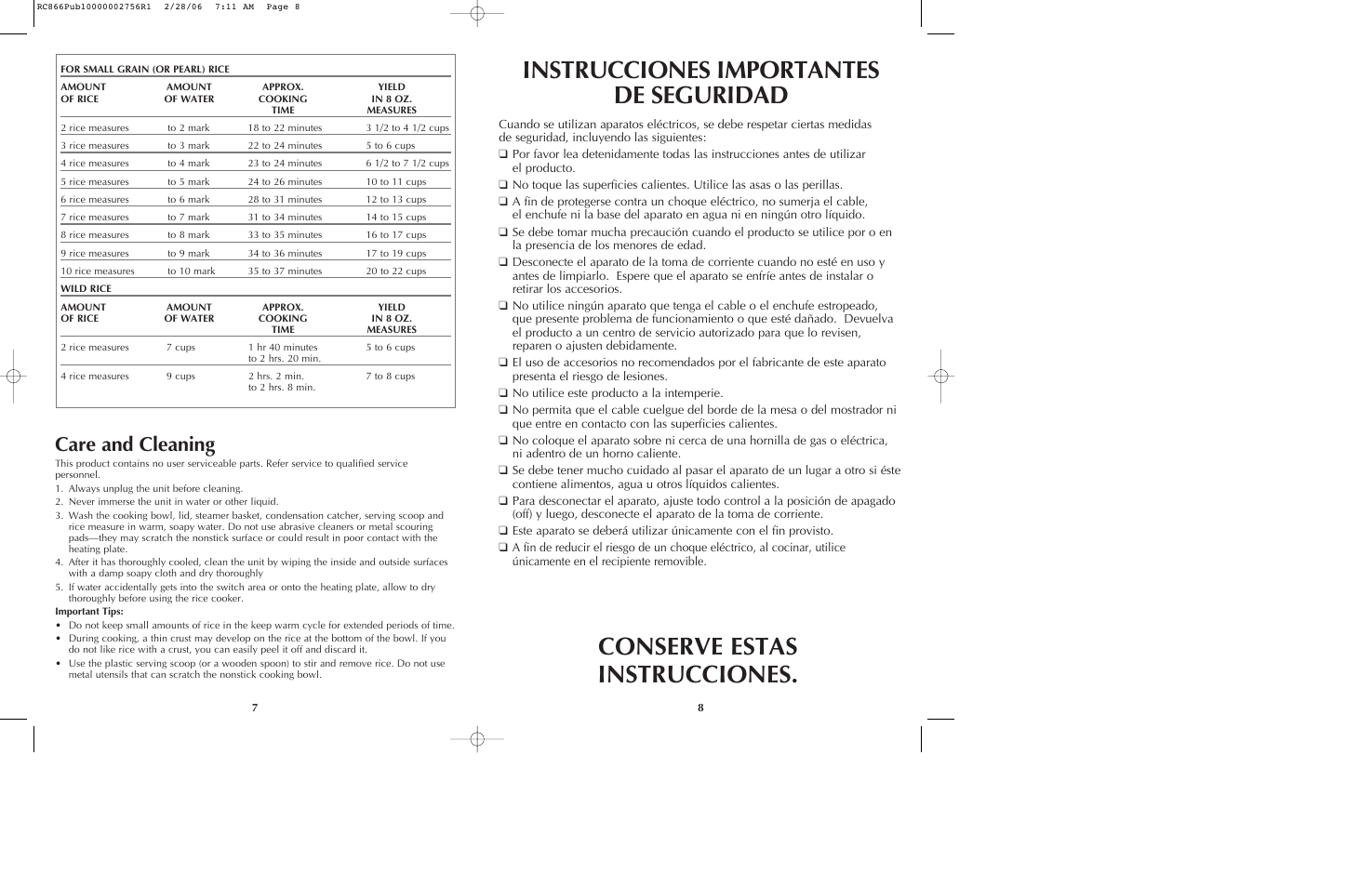 Instrucciones importantes de seguridad, Conserve estas instrucciones, Care and cleaning | Black & Decker RC866 User Manual | Page 5 / 15