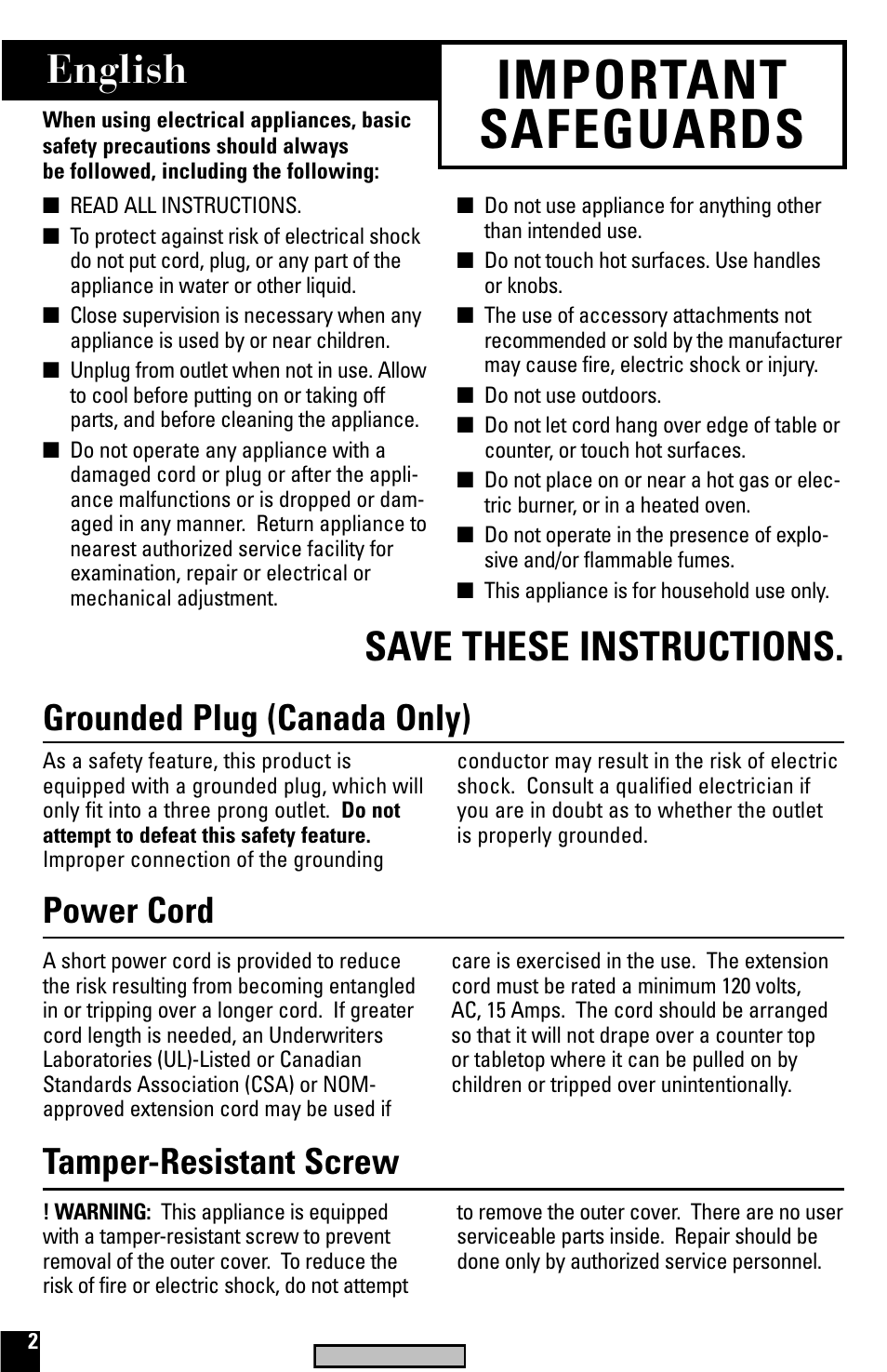 Safegaurds, Sandwich maker, Important safeguards | English, Save these instructions, Grounded plug (canada only), Power cord, Tamper-resistant screw | Black & Decker G600 User Manual | Page 2 / 10