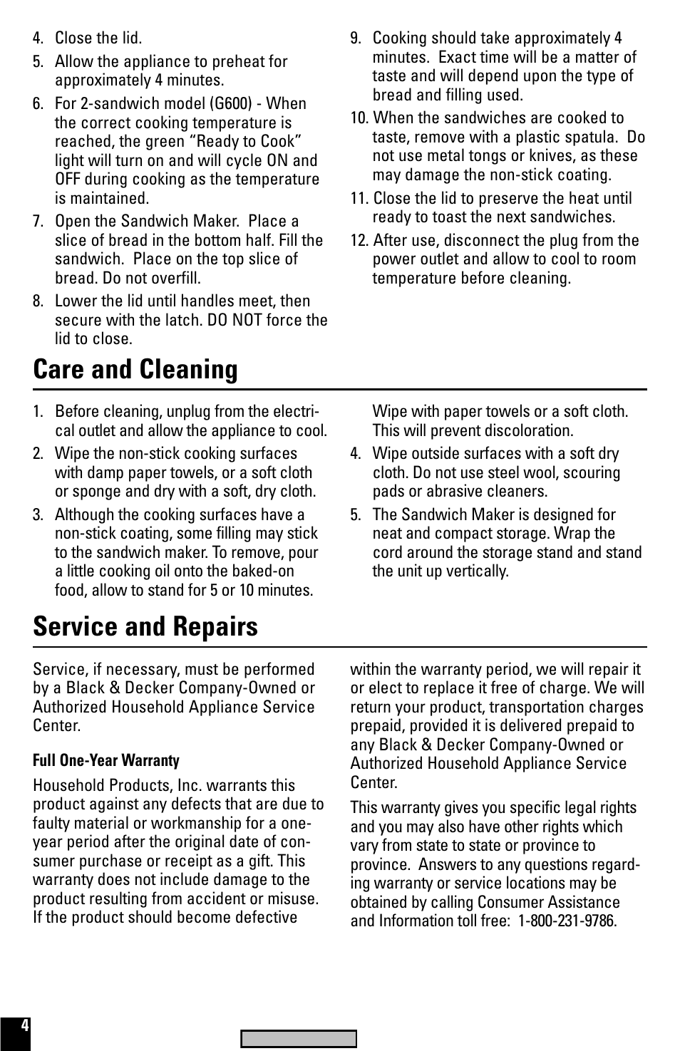 Care & cleaning, Service & repairs, Service and repairs | Care and cleaning | Black & Decker G600 User Manual | Page 4 / 10