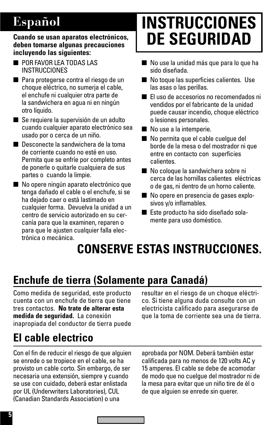 Instrucciones, Sandwichera, Instrucciones de seguridad | Español, Conserve estas instrucciones, El cable electrico, Enchufe de tierra (solamente para canadá) | Black & Decker G600 User Manual | Page 5 / 10