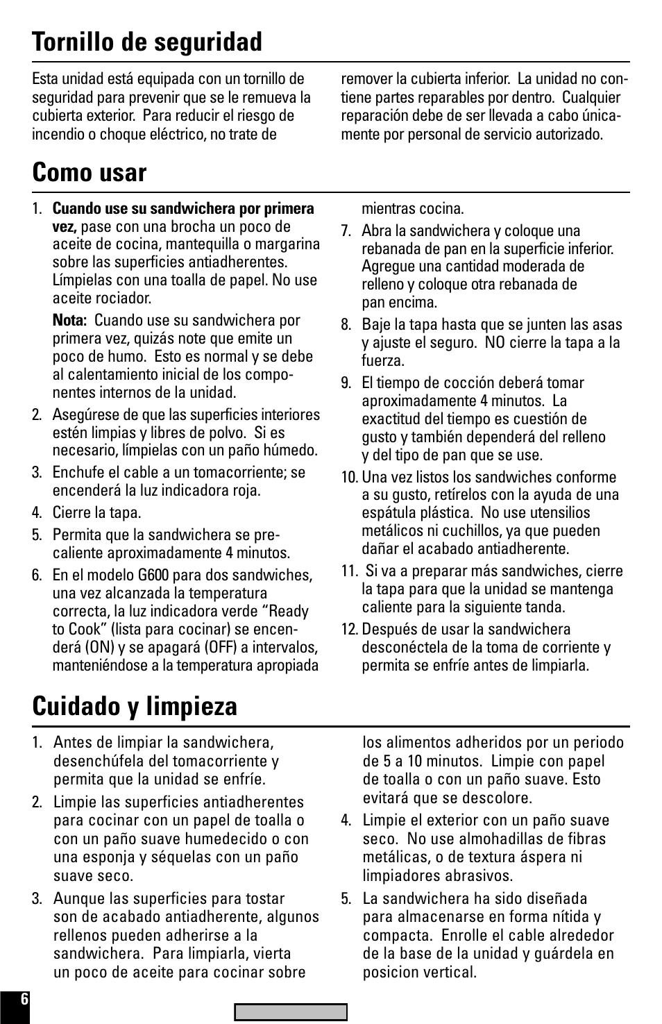 Como usar, Cuidado y limpieza, Tornillo de seguridad | Black & Decker G600 User Manual | Page 6 / 10