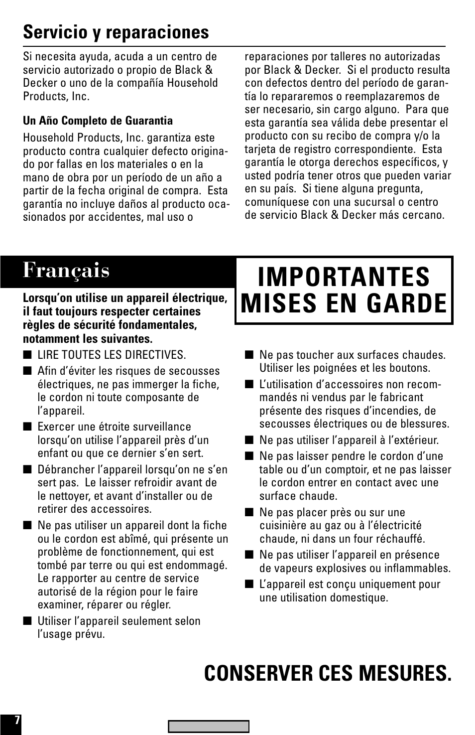 Servicio, Mises en garde, Gril à sandwich | Importantes mises en garde, Français, Conserver ces mesures, Servicio y reparaciones | Black & Decker G600 User Manual | Page 7 / 10