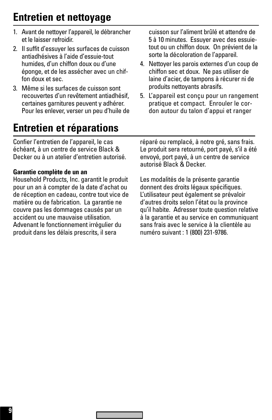 Entretien, Entretien et nettoyage entretien et réparations | Black & Decker G600 User Manual | Page 9 / 10