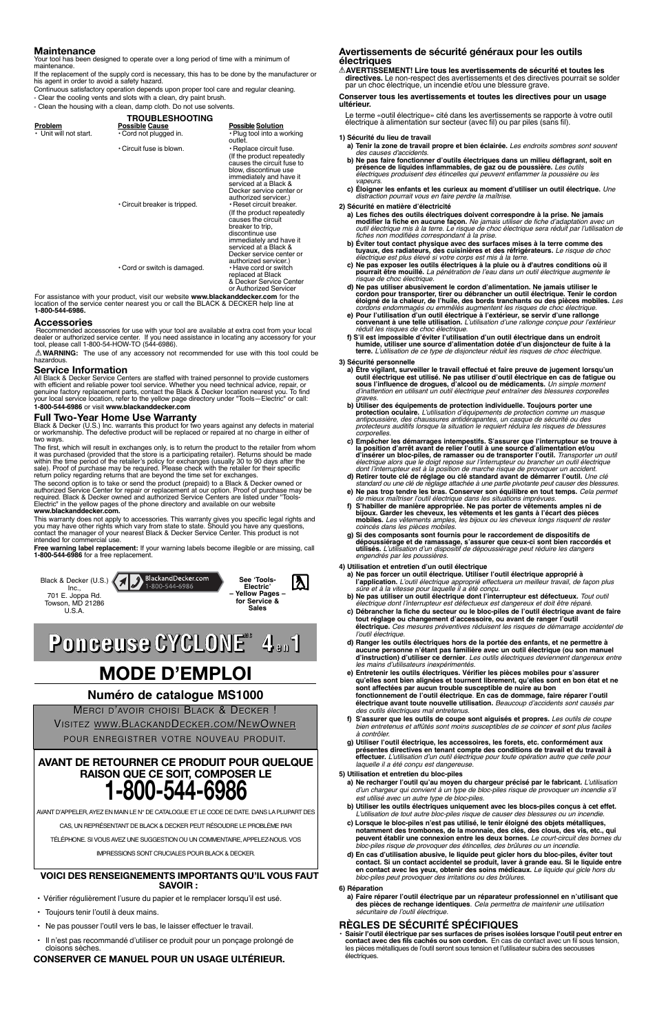 Mode d’emploi | Black & Decker CYCLONE MS1000 User Manual | Page 3 / 7