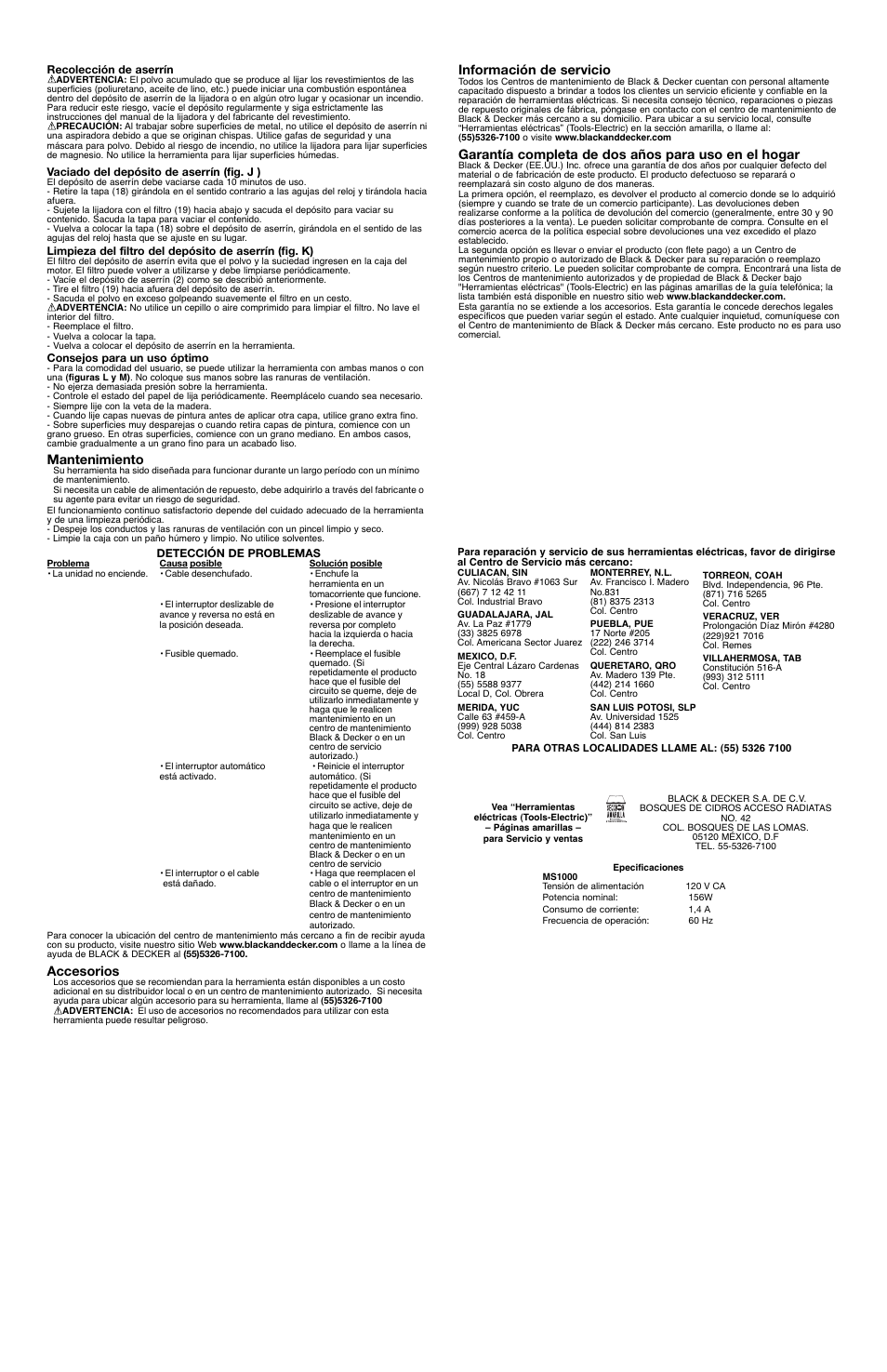 Mantenimiento, Accesorios, Información de servicio | Garantía completa de dos años para uso en el hogar | Black & Decker CYCLONE MS1000 User Manual | Page 7 / 7