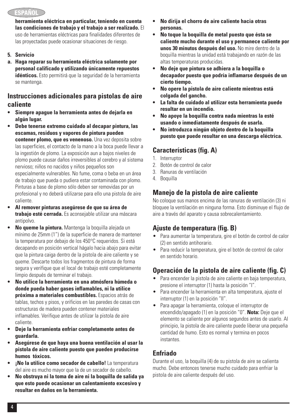 Características (fig. a), Manejo de la pistola de aire caliente, Ajuste de temperatura (fig. b) | Operación de la pistola de aire caliente (fig. c), Enfriado | Black & Decker HG2000 User Manual | Page 4 / 12