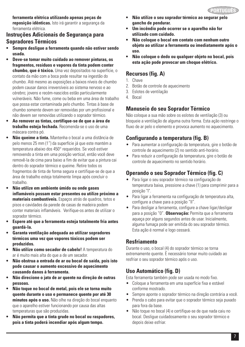 Recursos (fig. a), Manuseio do seu soprador térmico, Configurando a temperatura (fig. b) | Operando o seu soprador térmico (fig. c), Resfriamento, Uso automático (fig. d) | Black & Decker HG2000 User Manual | Page 7 / 12