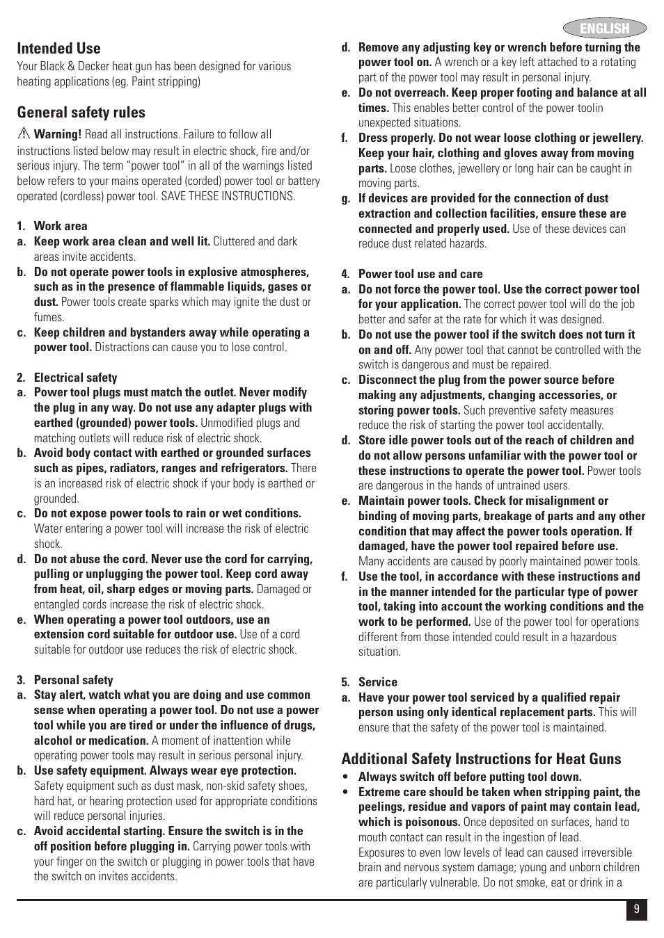 Intended use, General safety rules, Additional safety instructions for heat guns | Black & Decker HG2000 User Manual | Page 9 / 12