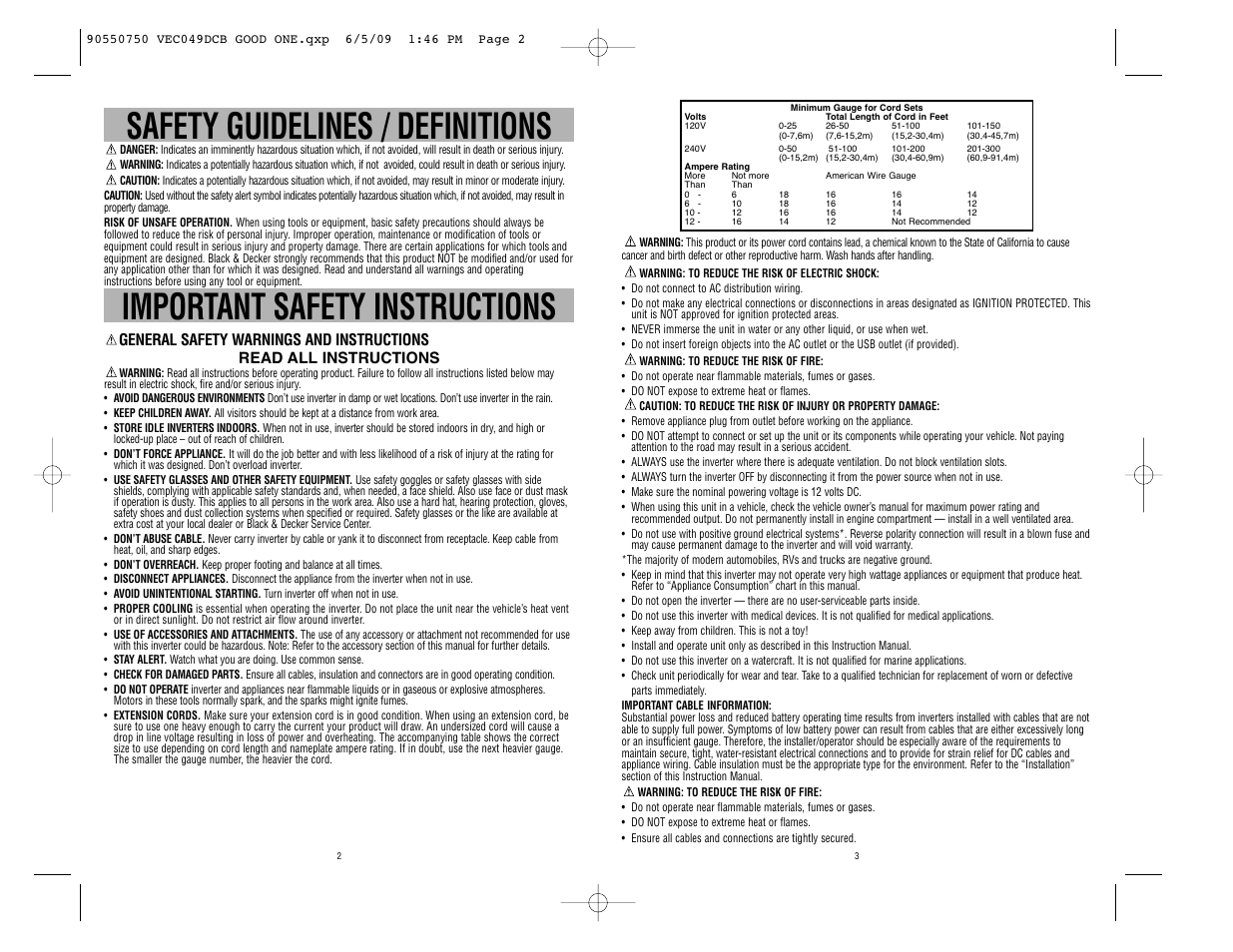 Safety guidelines / definitions, Important safety instructions | Black & Decker Marine Battery User Manual | Page 2 / 22