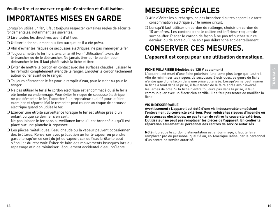 Importantes mises en garde, Mesures spéciales, Conserver ces mesures | Black & Decker Classic 4-7-50S User Manual | Page 10 / 13