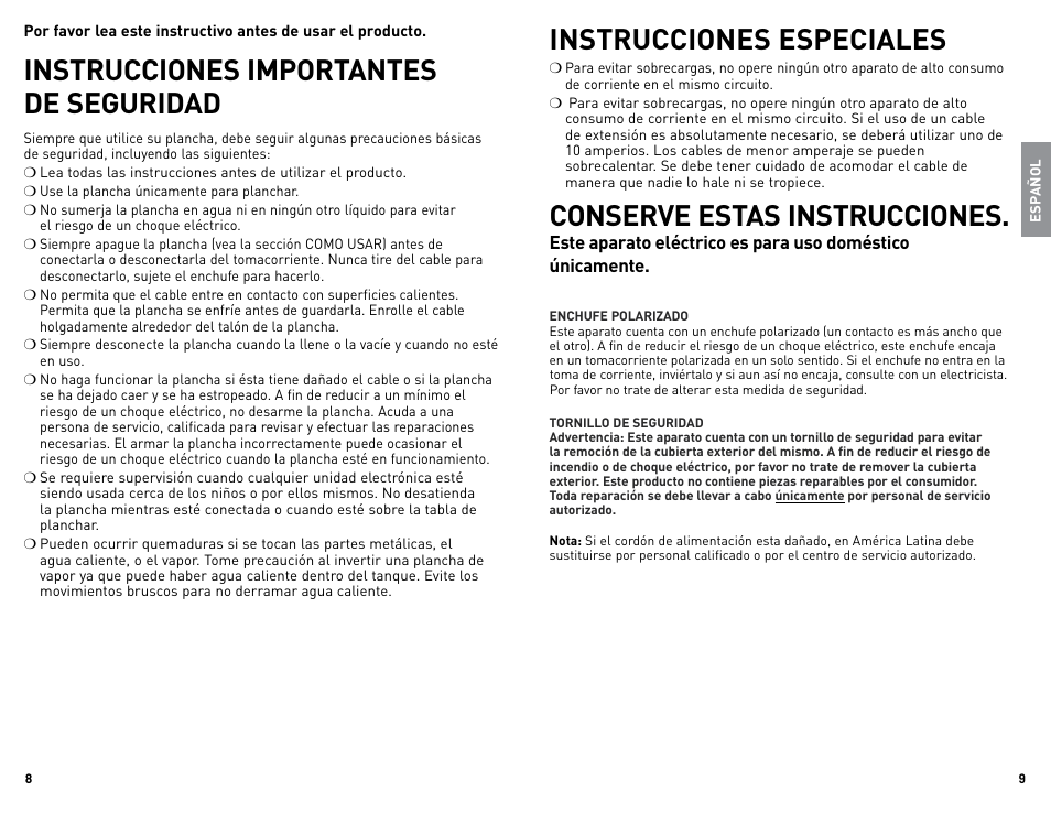 Instrucciones importantes de seguridad, Instrucciones especiales, Conserve estas instrucciones | Black & Decker Classic 4-7-50S User Manual | Page 5 / 13