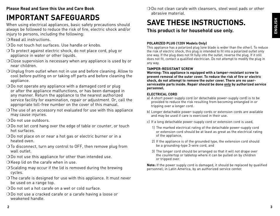 Important safeguards, Save these instructions | Black & Decker CM1010B User Manual | Page 2 / 19