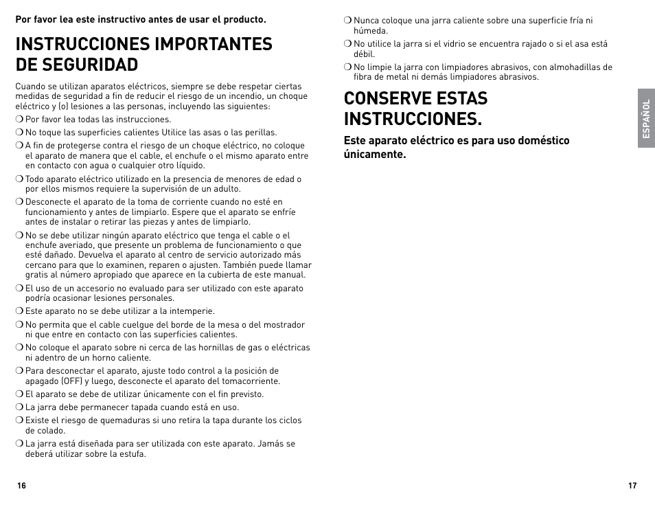 Instrucciones importantes de seguridad, Conserve estas instrucciones | Black & Decker CM1010B User Manual | Page 9 / 19
