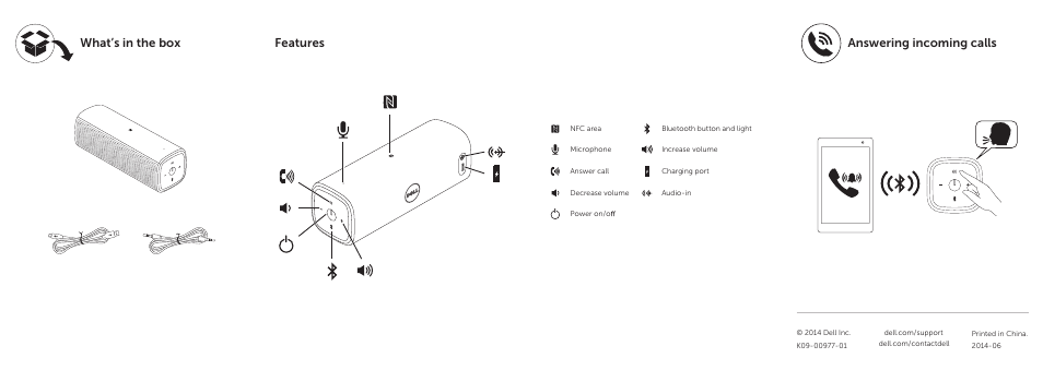 Answering incoming calls what’s in the box, Features | Dell AD211 Bluetooth Portable Speaker User Manual | Page 2 / 2