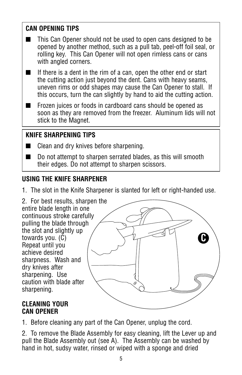 Knife sharpener use, Cleaning | Black & Decker MGD150 User Manual | Page 5 / 8