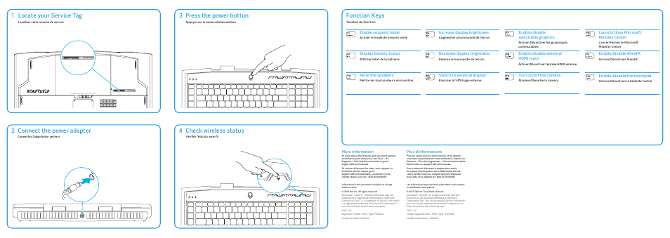 Locate your service tag, Connect the power adapter, Press the power button | Function keys, Check wireless status, Enable suspend mode, Display battery status, Mute the speakers, Increase display brightness, Decrease display brightness | Dell Alienware M18x R2 (Early 2012) User Manual | Page 2 / 2