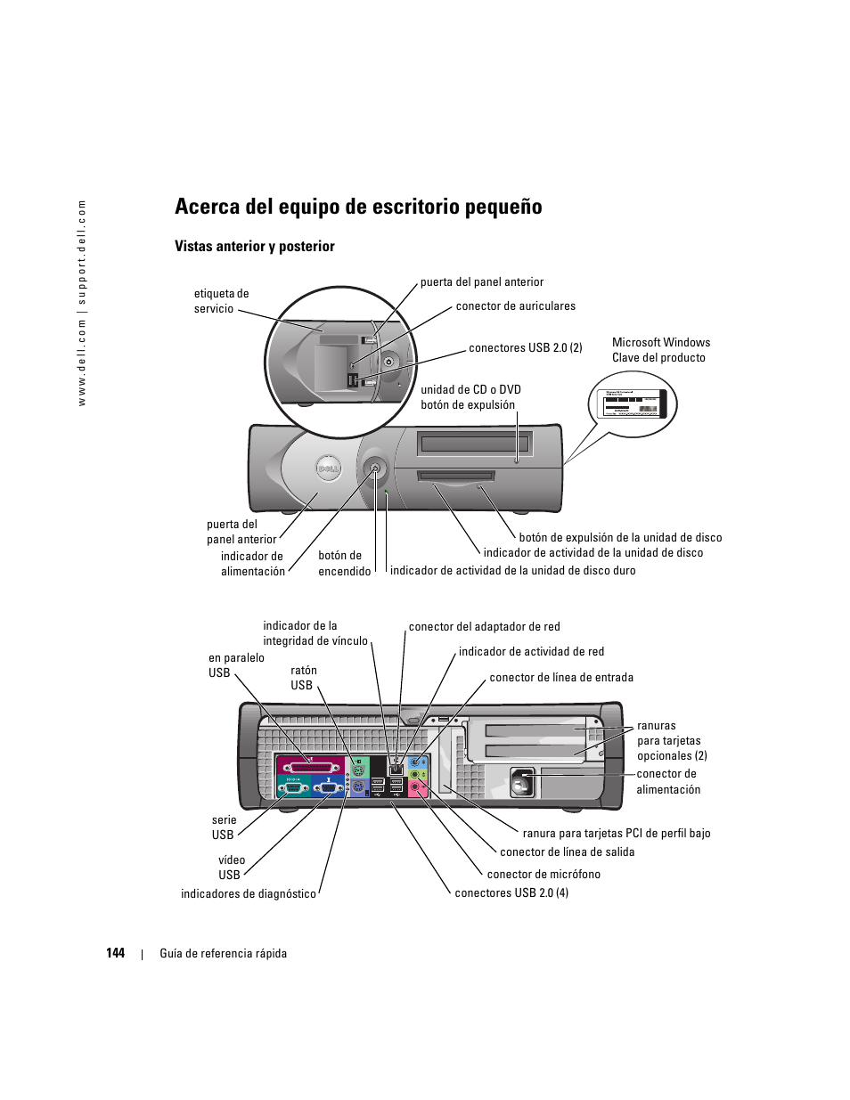 Acerca del equipo de escritorio pequeño, Vistas anterior y posterior | Dell OptiPlex 170L User Manual | Page 144 / 202