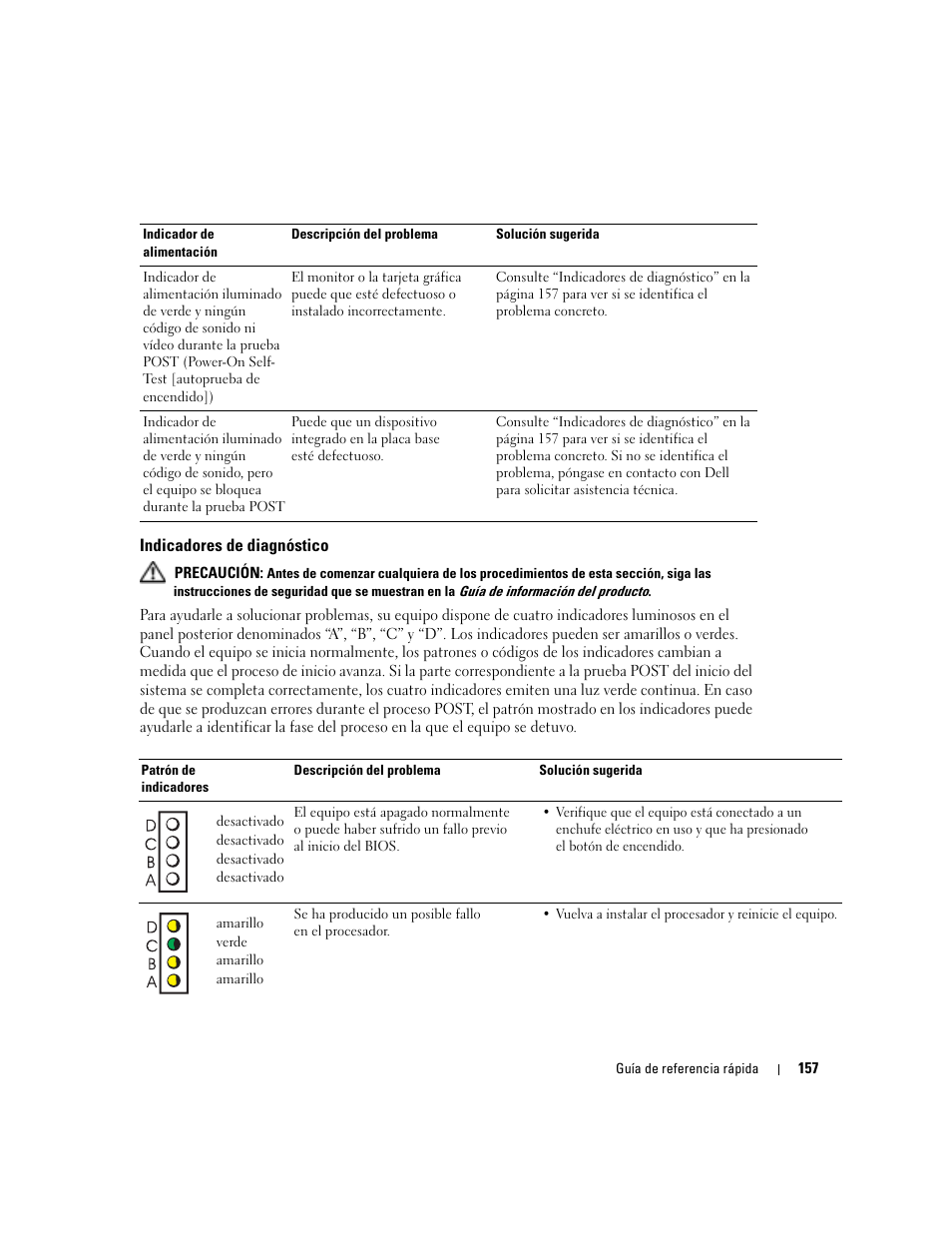 Indicadores de diagnóstico, E “indicadores de diagnóstico” en la | Dell OptiPlex 170L User Manual | Page 157 / 202