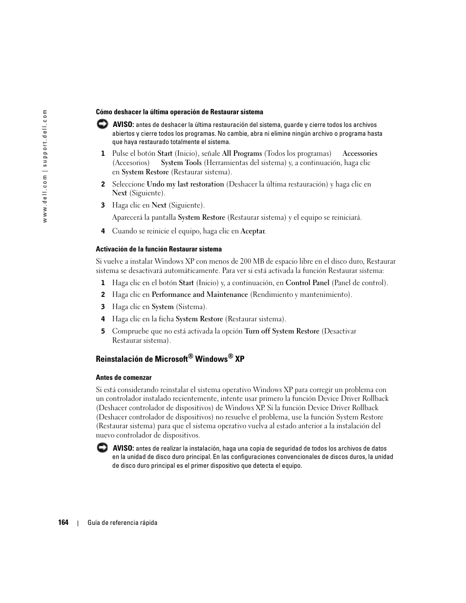 Reinstalación de microsoft® windows® xp, Reinstalación de microsoft | Dell OptiPlex 170L User Manual | Page 164 / 202