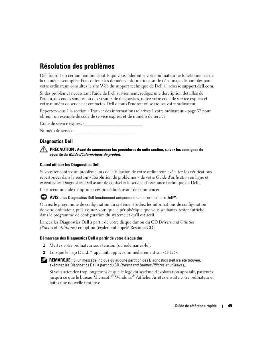 Résolution des problèmes, Diagnostics dell | Dell OptiPlex 170L User Manual | Page 49 / 202