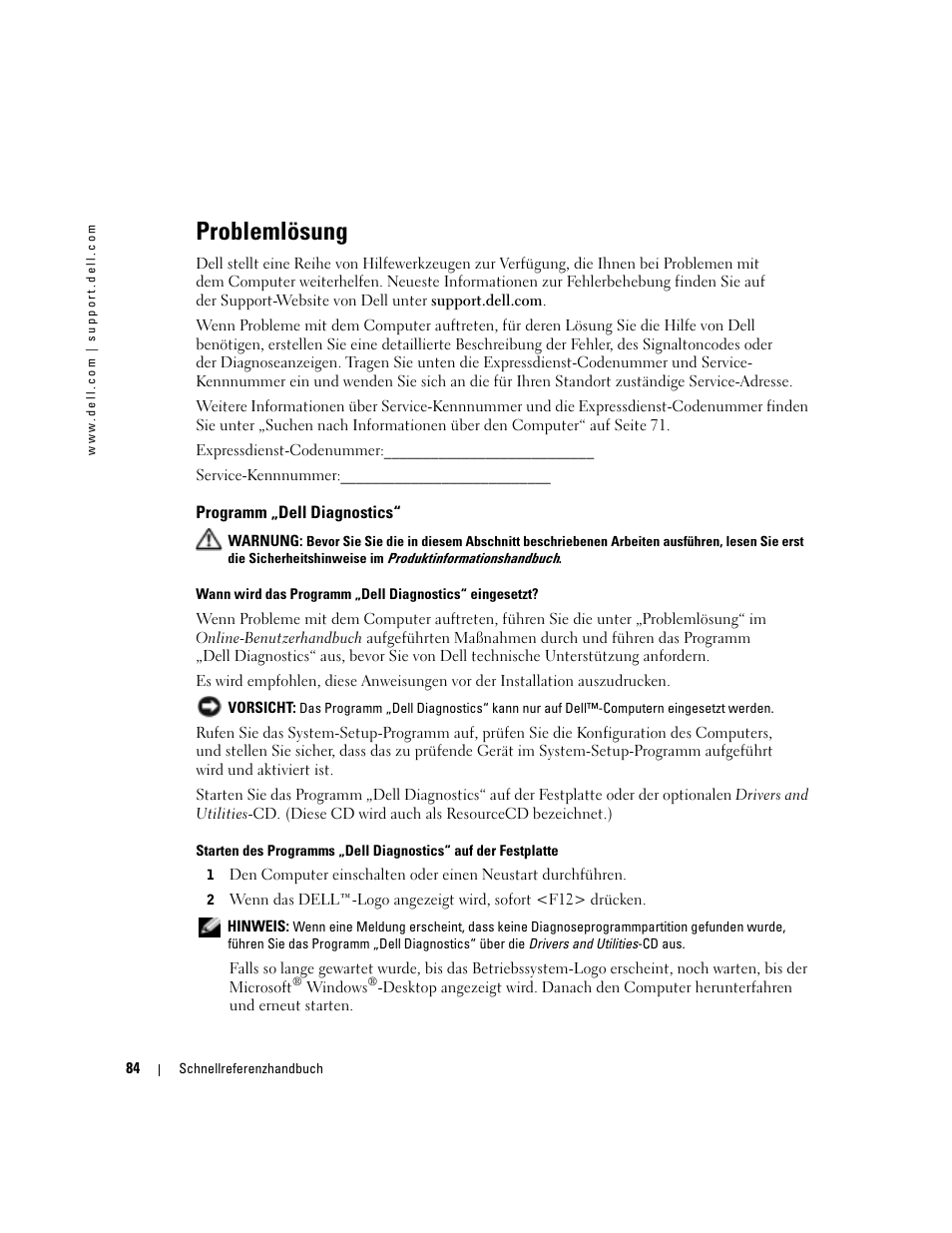 Problemlösung, Programm „dell diagnostics | Dell OptiPlex 170L User Manual | Page 84 / 202