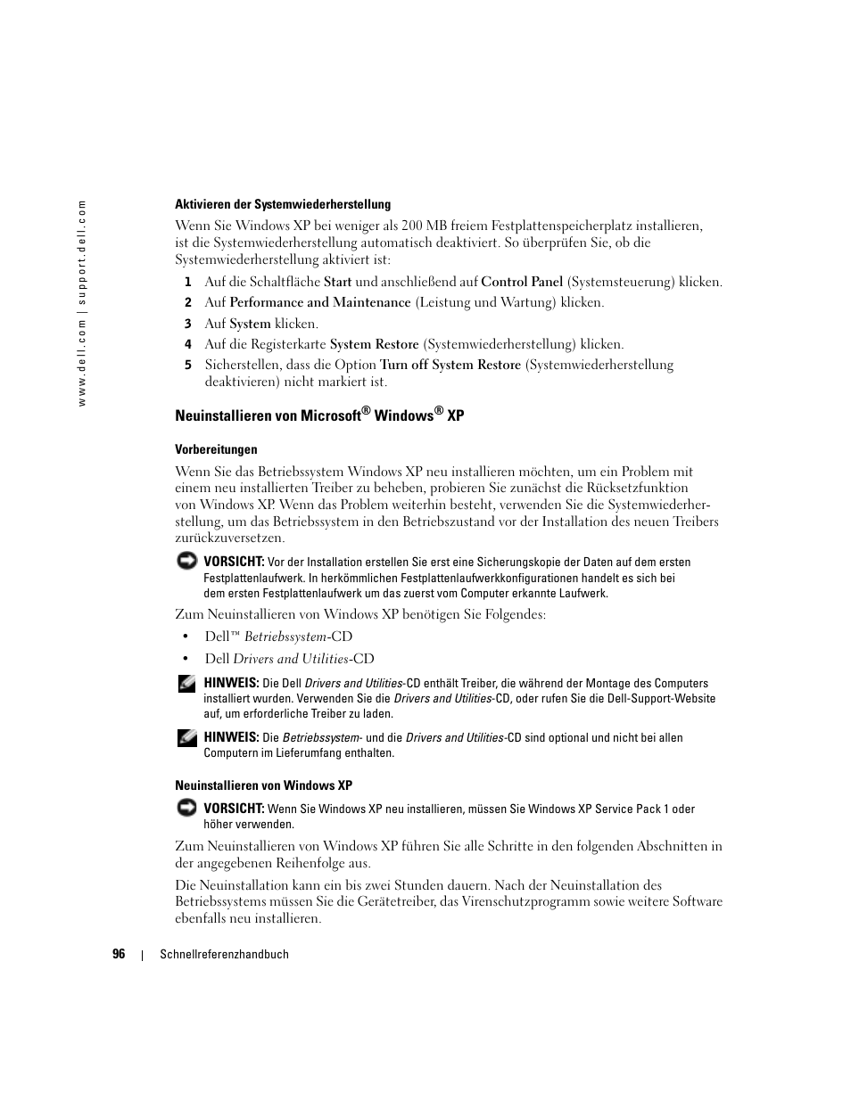 Neuinstallieren von microsoft® windows® xp, Neuinstallieren von microsoft | Dell OptiPlex 170L User Manual | Page 96 / 202