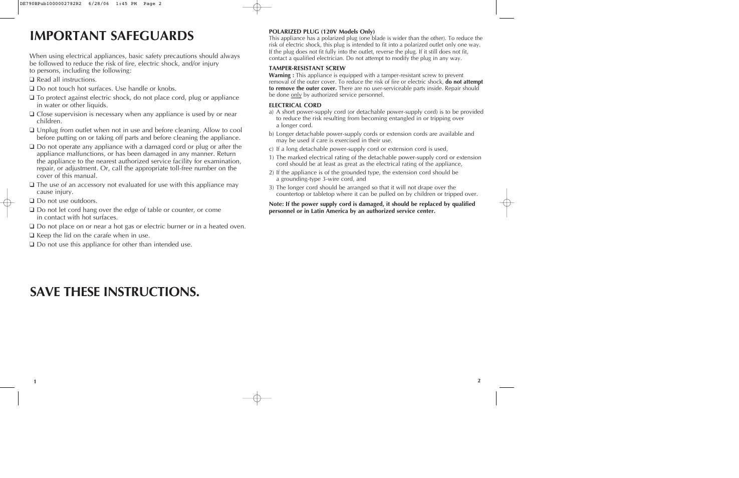 Important safeguards, Save these instructions | Black & Decker ME DE790B User Manual | Page 2 / 15