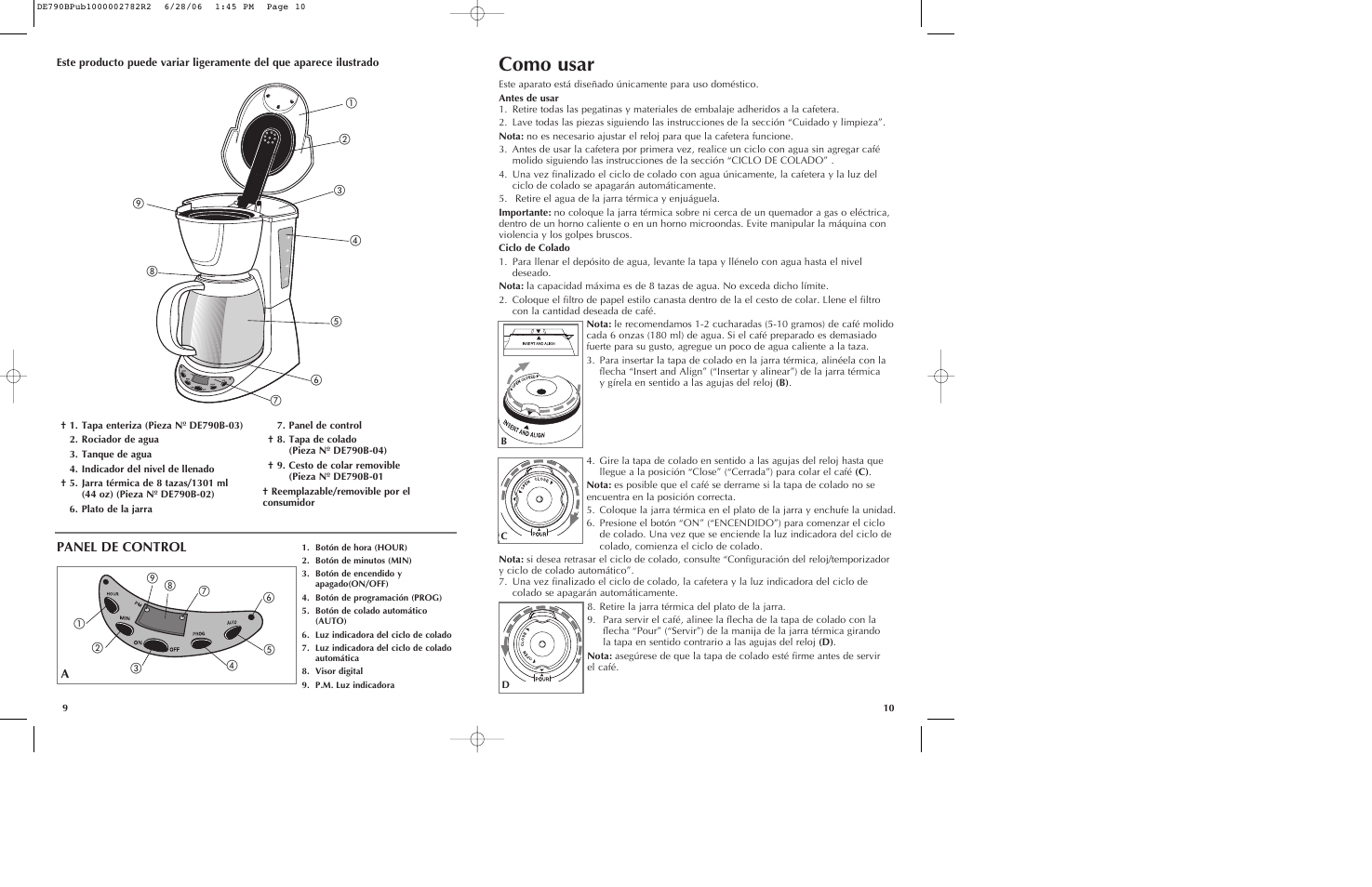 Como usar, Panel de control | Black & Decker ME DE790B User Manual | Page 6 / 15