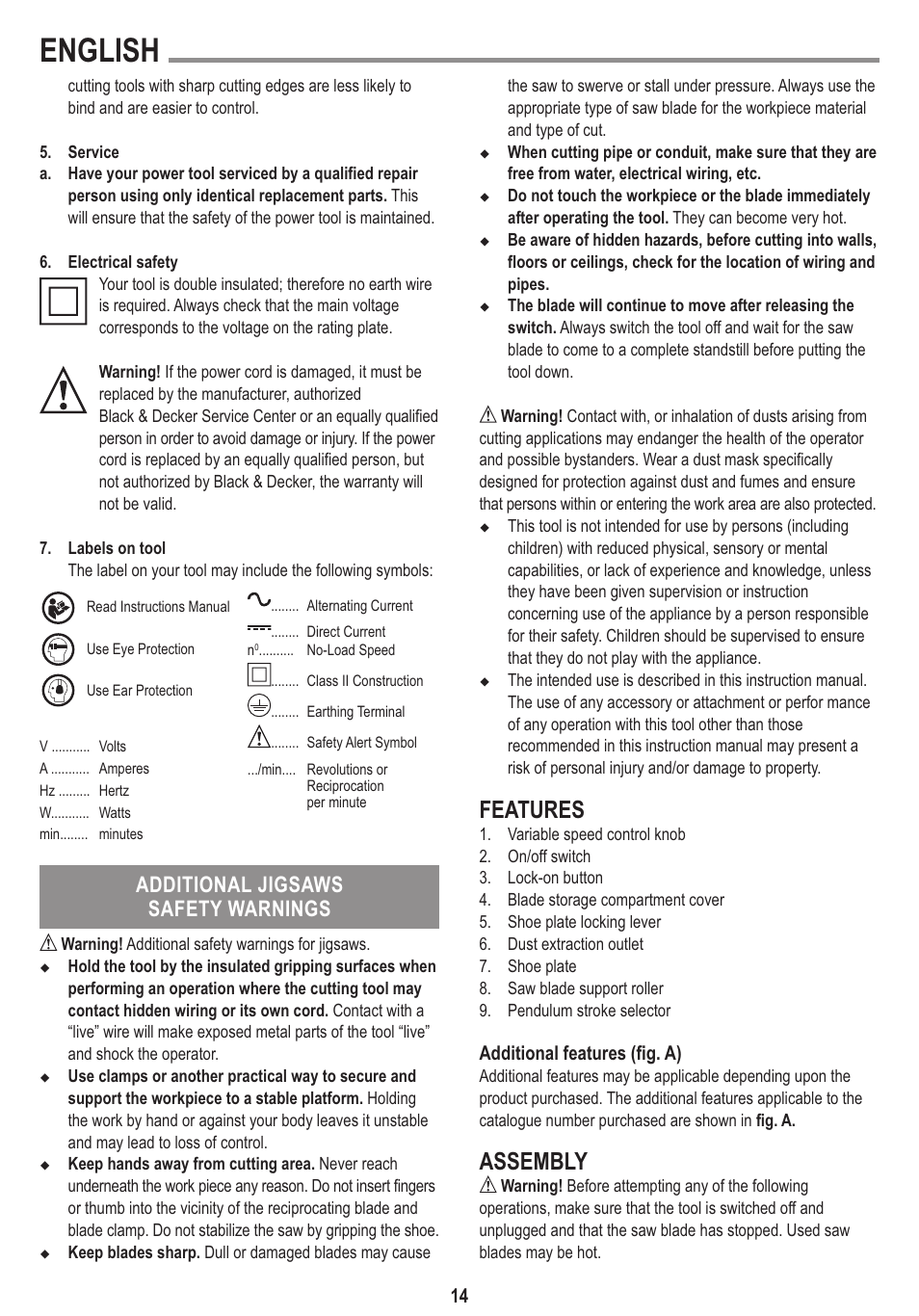 English, Features, Assembly | Additional jigsaws safety warnings | Black & Decker Linea Pro KS650K User Manual | Page 14 / 17