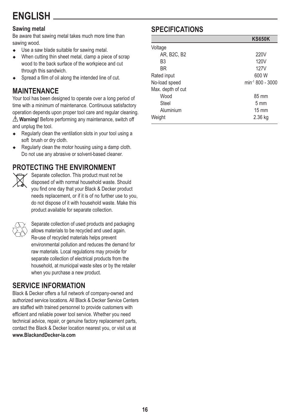 English, Maintenance, Protecting the environment | Service information, Specifications | Black & Decker Linea Pro KS650K User Manual | Page 16 / 17