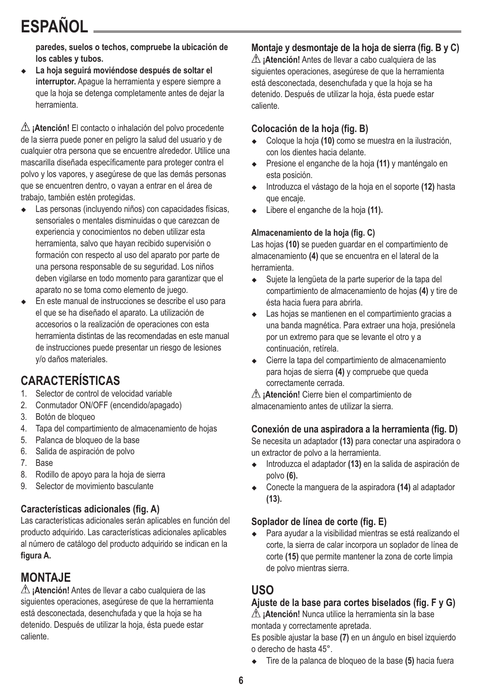 Español, Características, Montaje | Black & Decker Linea Pro KS650K User Manual | Page 6 / 17