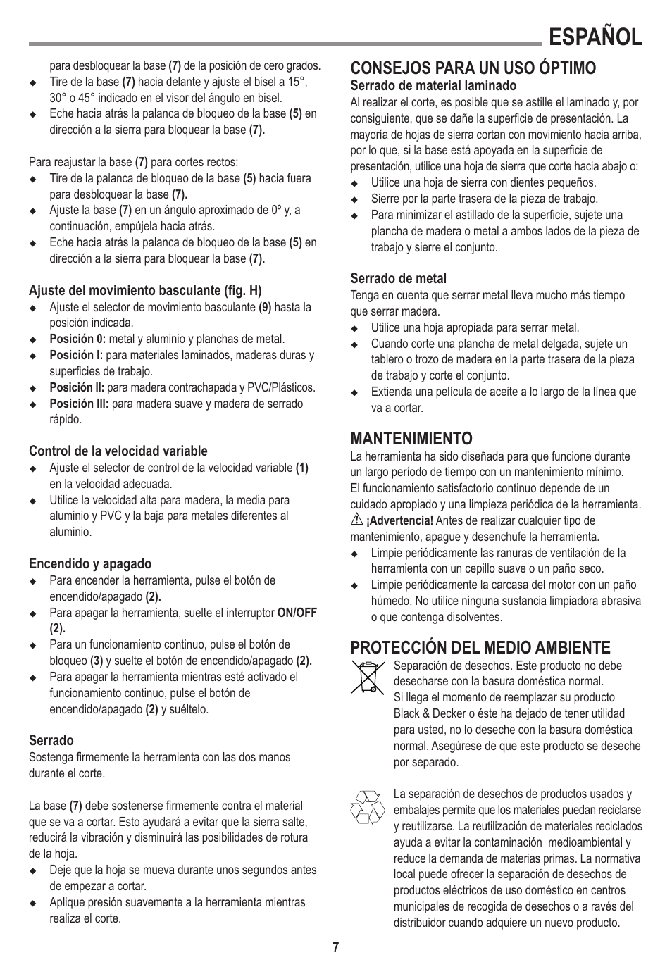 Español, Consejos para un uso óptimo, Mantenimiento | Protección del medio ambiente | Black & Decker Linea Pro KS650K User Manual | Page 7 / 17
