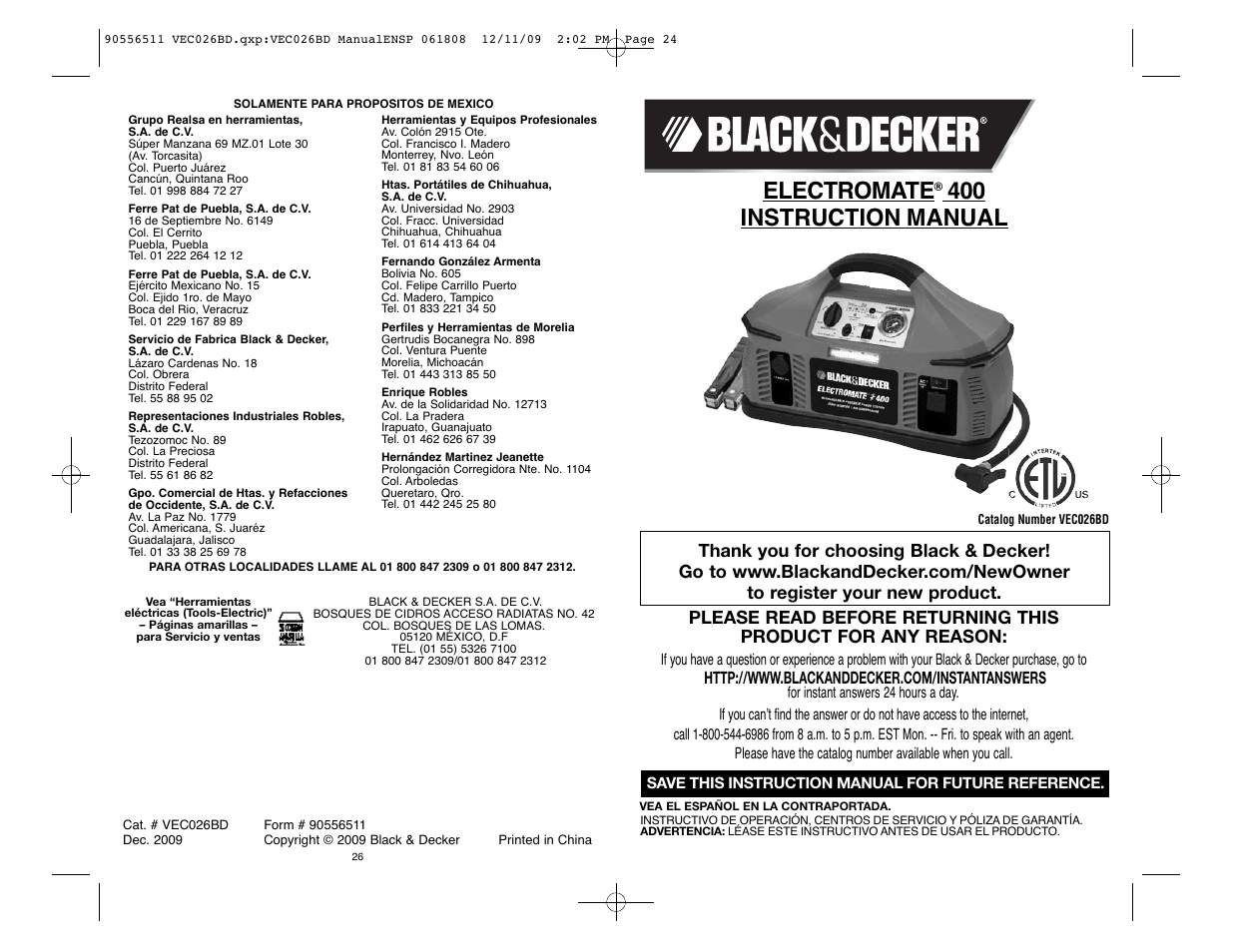 Black & Decker ElectroMate 90556511 User Manual | 13 pages