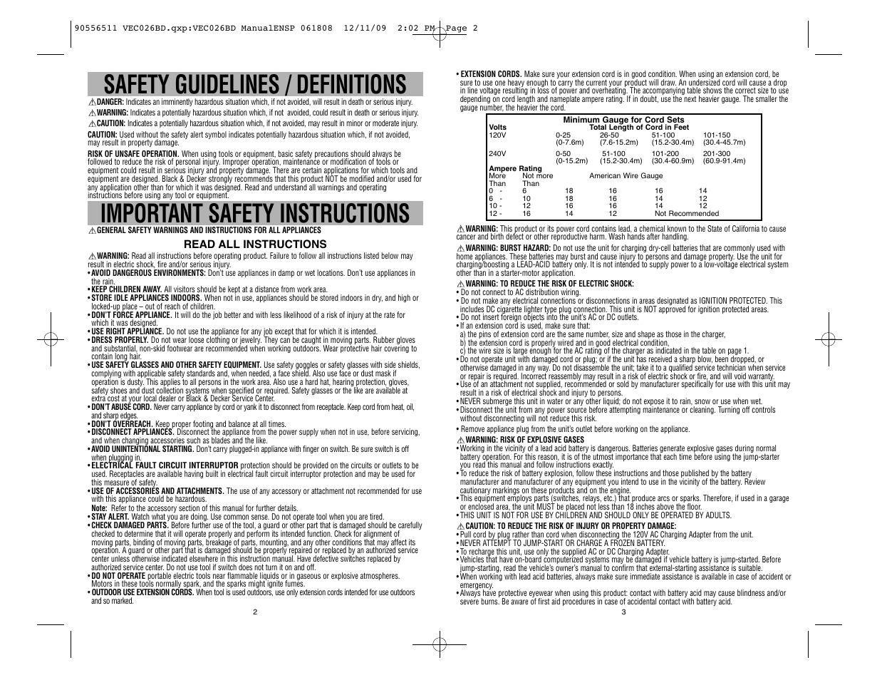 Safety guidelines / definitions, Important safety instructions | Black & Decker ElectroMate 90556511 User Manual | Page 2 / 13