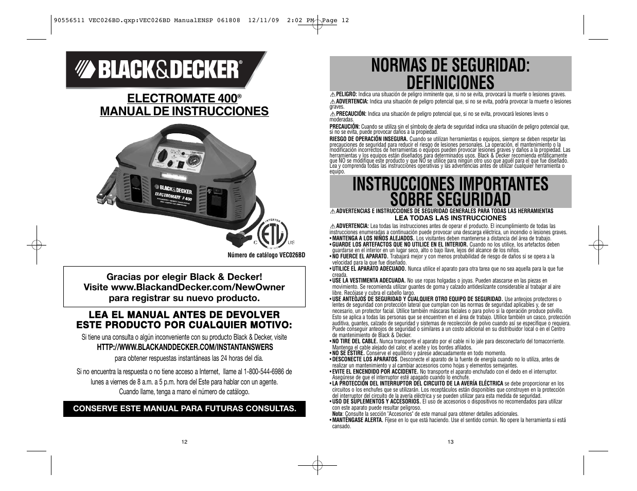 Normas de seguridad: definiciones, Instrucciones importantes sobre seguridad, Electromate 400 | Manual de instrucciones | Black & Decker ElectroMate 90556511 User Manual | Page 7 / 13