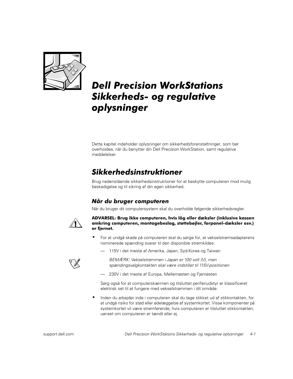 Sikkerhedsinstruktioner | Dell Precision 620 User Manual | Page 31 / 112