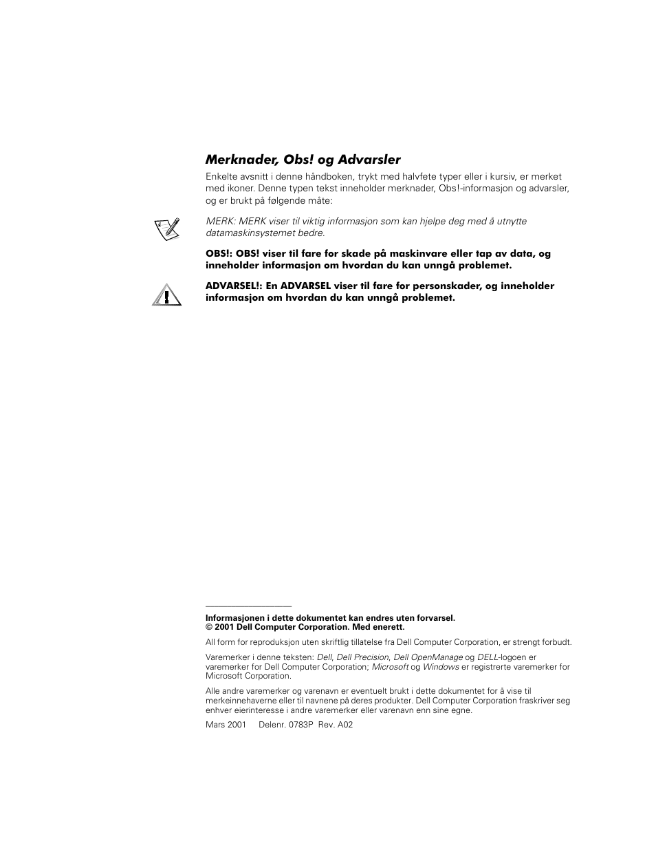 Merknader, obs! og advarsler | Dell Precision 620 User Manual | Page 54 / 112